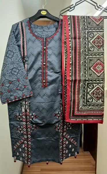 Pakistani Original Rangoon Stitched Cotton 3 Pcs _ Blue Ash 